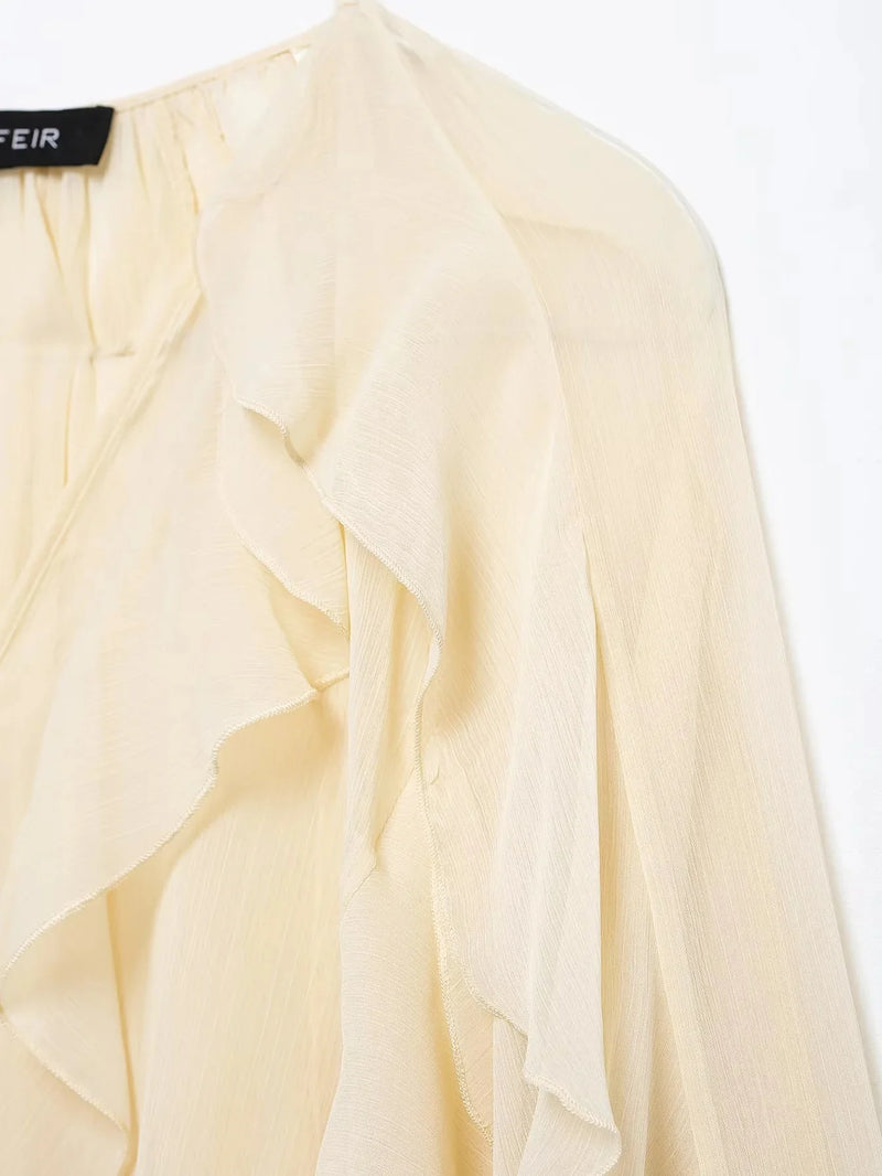 TRAFZA Vintage Chic Solid Women Blouse Tierred V-Neck Long Sleeve Single Breasted Loose Blouse Fashion 2025 Spring Summer Shirts