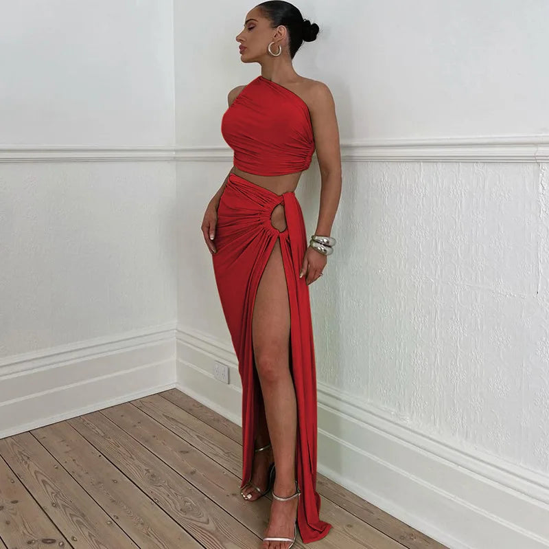 Ladies Spring 2 Pieces Sleeveless Backless Strap Spit Crop Top Side Slit Slim Fit Maxi Skirt Set Women Evening Party Clubwear