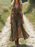 Vestido regata sexy com decote em V e estampa floral, bainha com fenda, vintage, étnico, boho, retrô, casual, vestidos de verão para mulheres, 2025