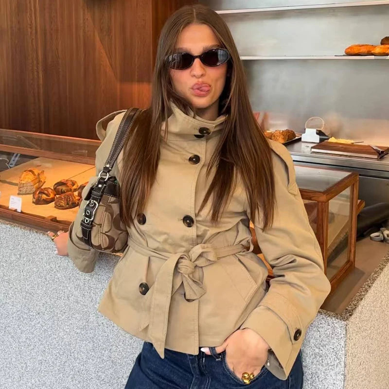 HXAO Crop Khaki Windbreaker Women's Jacket Autumn Fashion Stand Collar Long Sleeve Trench Coat Double-Breasted Belt Outerwears