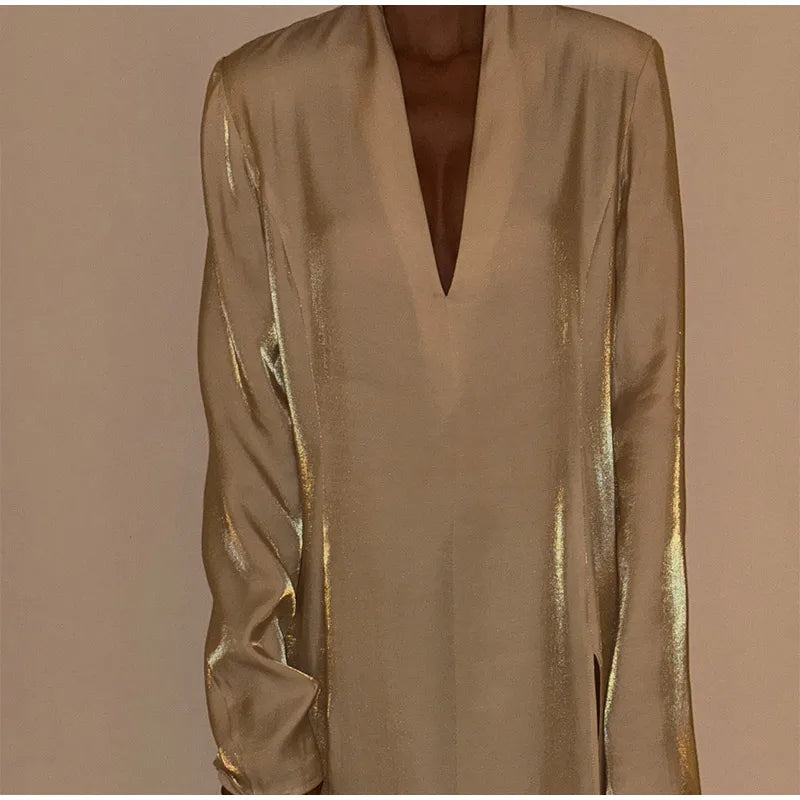 Fashion Solid Shiny Laser Color Splicing Long Dress Chic V Neck Full Sleeves Split Maxi Dresses Spring Women New Party Vestidos