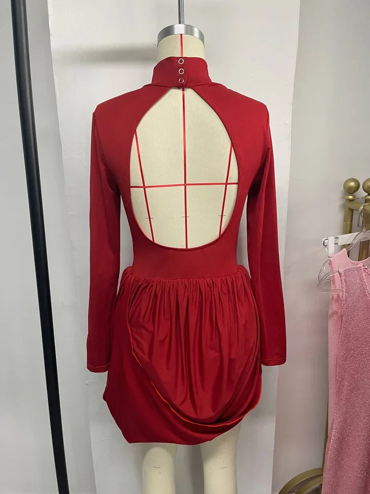 Tuularose Red Hollow Dress Women High Waist Sexy Backless Long Sleeve Gathered Dress Summer Patchwork Retro Party Evening Dress