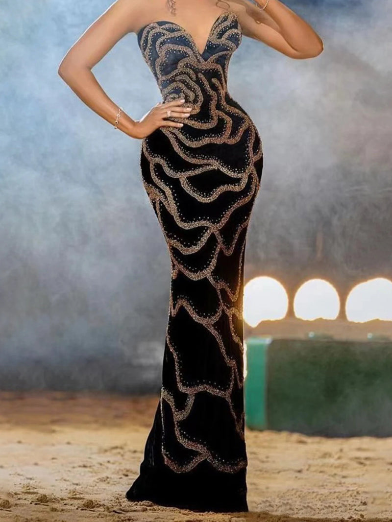 Vestidos longos Sexy preto sem costas lantejoulas maxi  elegante bodycon