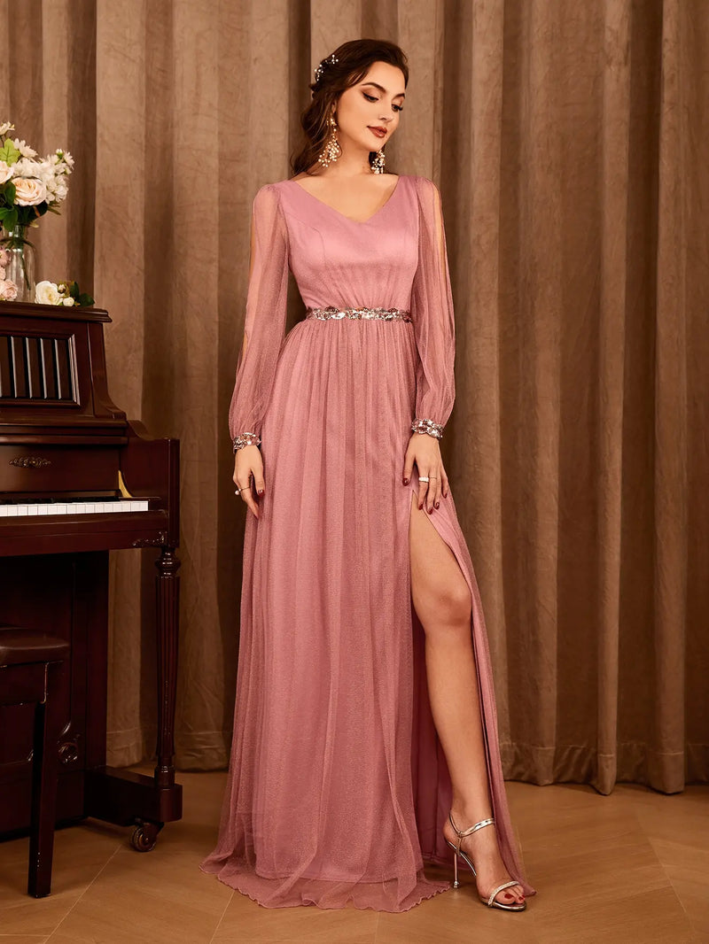 Vestido decote em V apliques de gaze fenda elegante Vestido de noite Vestido de baile Vestido de festa Vestido de dama de honra