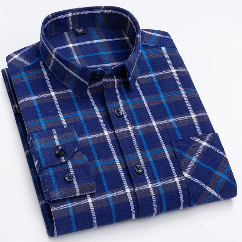 Pure Cotton Men's Plaid Shirt Long Sleeve Regular Fit Men Casual Oversized Shirt Leisure Autumn Male Clothes New Plus Size