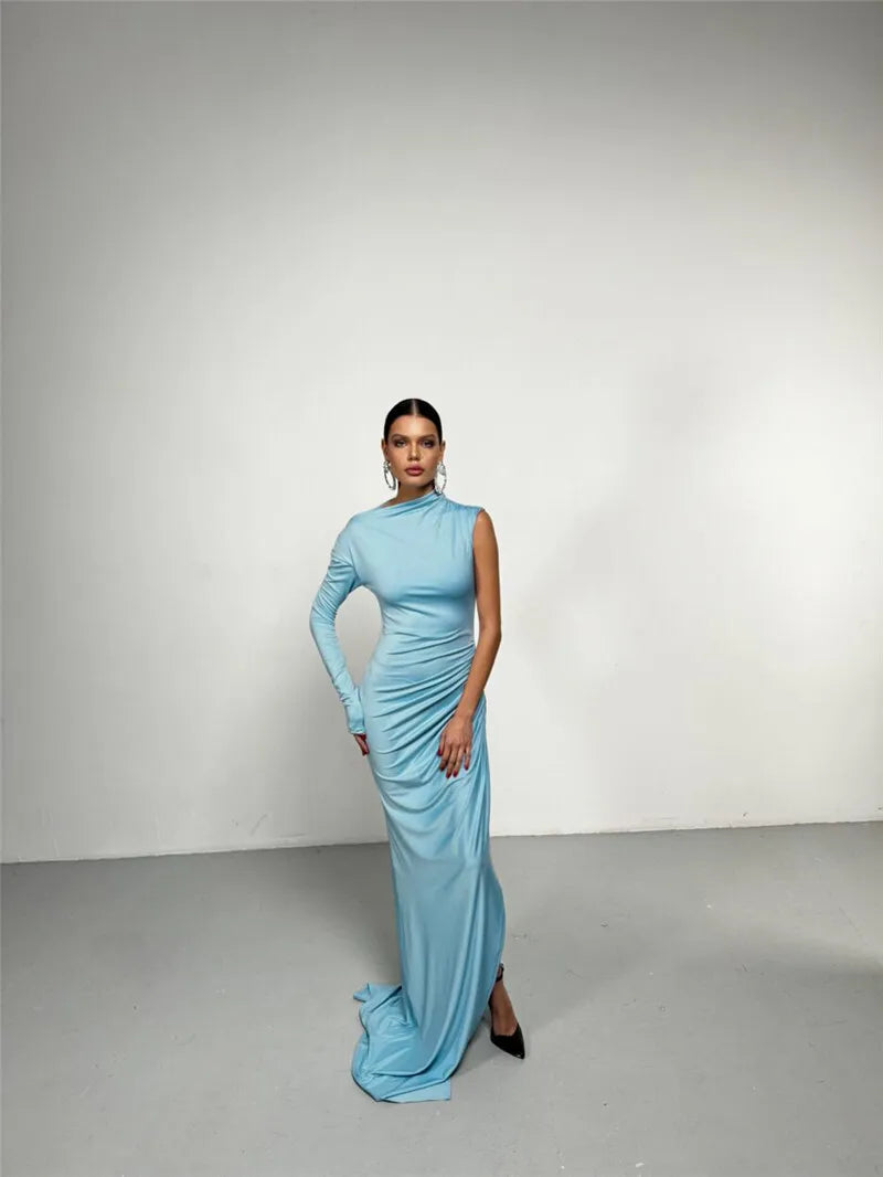 Mozision Skew Collar One Sleeve Sexy Maxi Dress For Women Gown Fashion Solid Thigh High Split Ruched Bodycon Club Long Dress