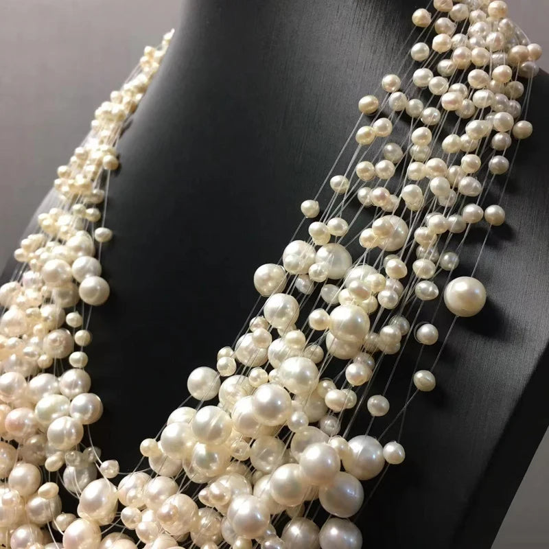Colar de pérolas naturais de água doce com múltiplas camadas para mulheres, joias da moda, 30 camadas