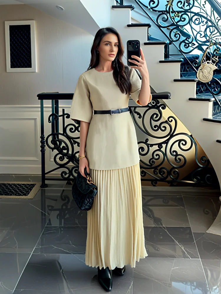 Vestido longo elegante com decote redondo e manga curta, moda feminina, liso, plissado, gaze, patchwork, 2025, novo, para escritório