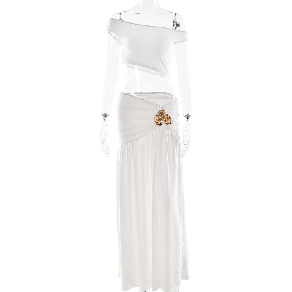 Sibybo Elegant Metal 2 Piece Set Women Partywear Oblique Shoulder Irregular Crop Top Side Slit Ruched Maxi Skirt Matching Outfit