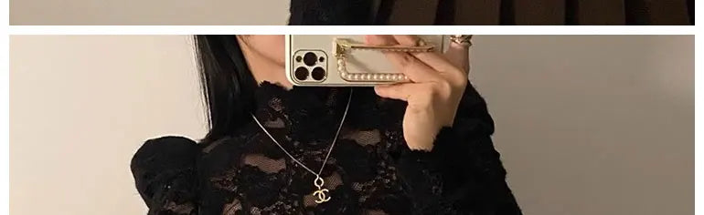 Fleece Lined Lace Base Shirt Women's Autumn Winter Hollow out Mesh Top Trendy Commute Style High Neck Long Sleeve  Color