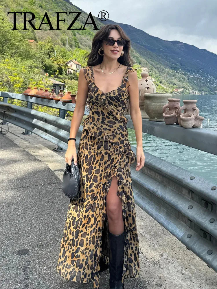 TRAFZA 2024 Woman Chic V-Neck Sleeveless Backless Slim Beach Party Dress Women Summer Vintage Leopard Fold Print Long Dress - CRAVO ROSE