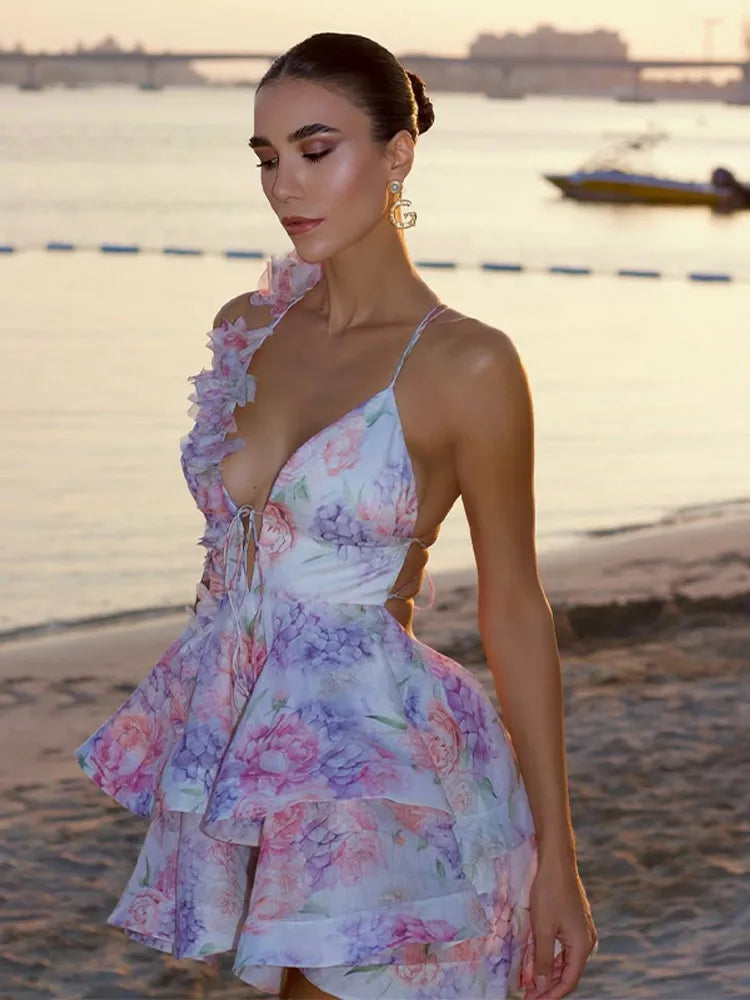 Vestidos curtos femininos com estampa tie-dye e decote em V profundo, manga flare, estampa slim, várias pregas,