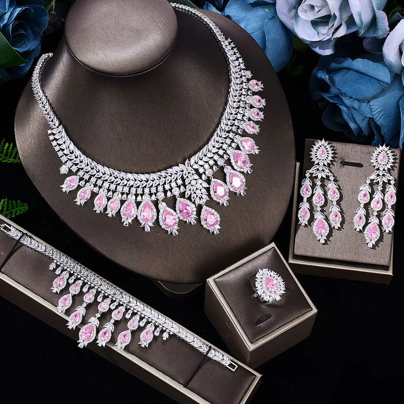 Conjunto de joias de casamento de luxo com 4 peças de zircônia 3A, conjunto de colar de cristal, conjunto de joias Dubai