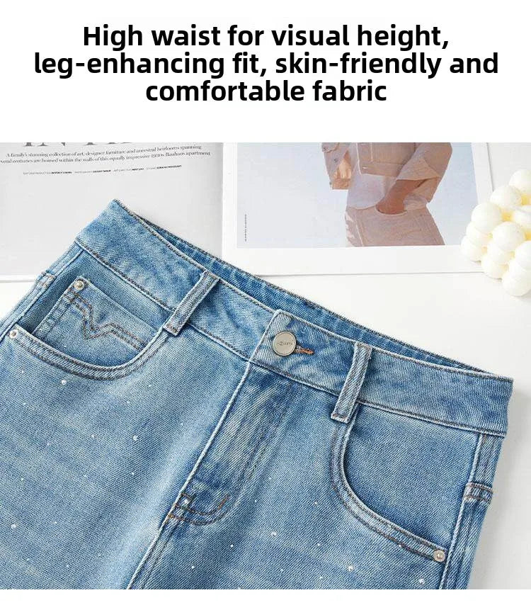 High Waist Wide Leg Denim Jeans Women's Spring 2026 New Style Glittering Star Explosion Nine Point Straight Cut Diamond Embel...