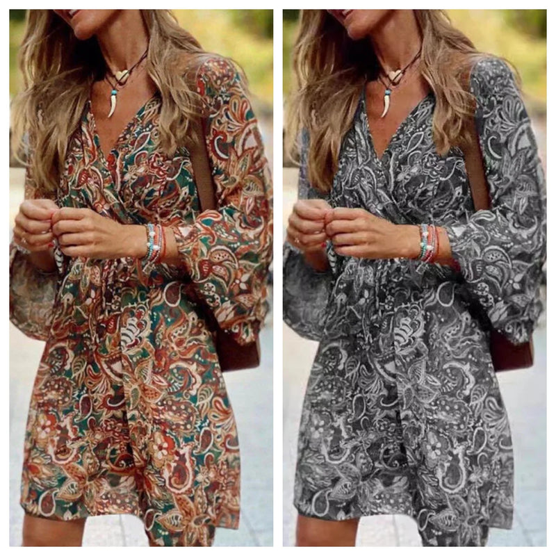 Vestido curto feminino estilo boêmio, com cordão na cintura, gola V, solto, elegante, casual, manga sete quartos