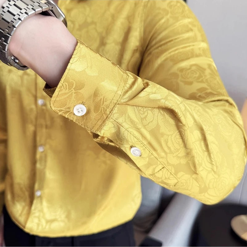 Men's Social Shirt New Rose Printed Long Sleeve Shirt Luxury Fashion Business Slim Fit Formal Shirt Men's Clothing 4XL-M