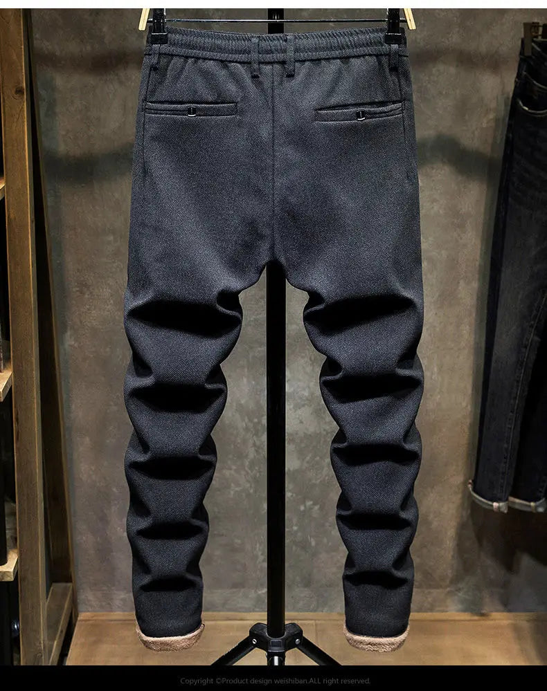 Korean Fashion Fleece Plush Mens Casual Full Length Elastic Waist Autumn and Winter Thickened Drawstring Sports Joggers Trousers