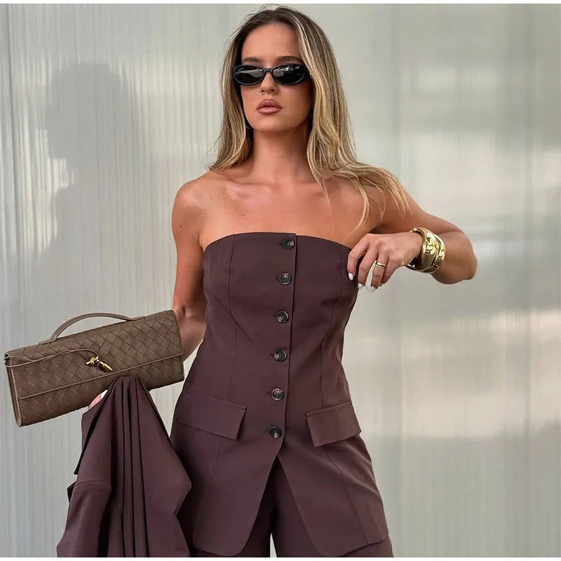 Elegant Full Sleeve Single Breasted Pocket Women Blazer Outfits Chic Solid High Waist Loose Pants Set Lady Spring Two Piece Sets