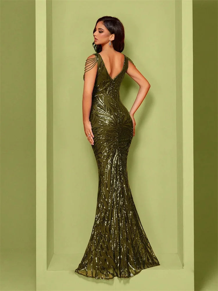 Elegant V-Neck Beading Sequin Evening Dress 2025 Long New Luxury Women Formal Mermaid Party Prom Cocktail Graduation Gowns