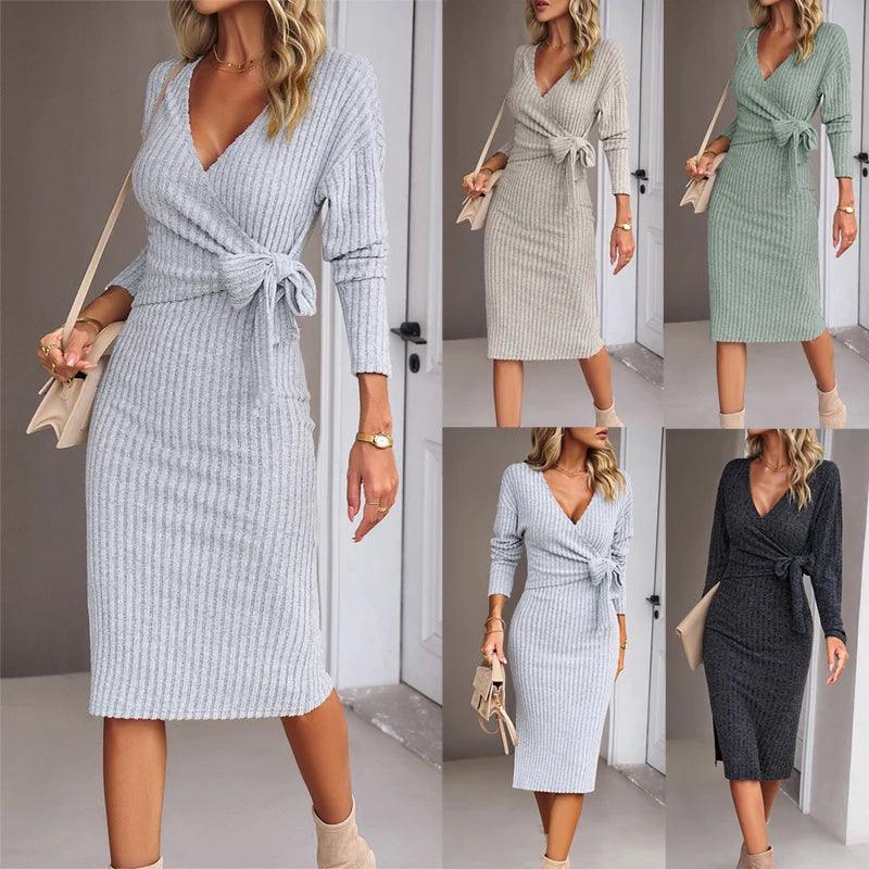 Maternity Womens Solid Color Jacquard V-Neck Knit Long Tight Sleeve Dress Belt Pregnancy Winter Women Sweater Clothes - CRAVO ROSE