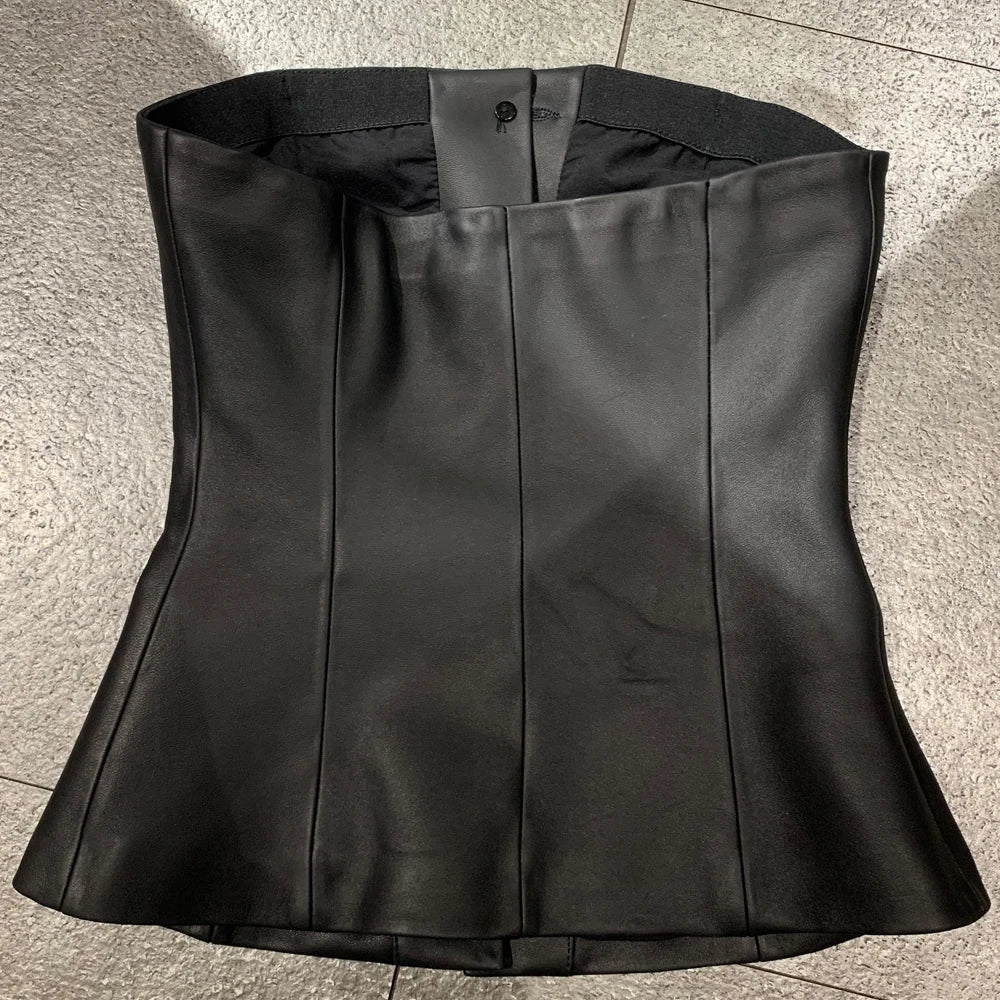 Novo top de couro legítimo feminino para primavera, sutiã de couro legítimo
