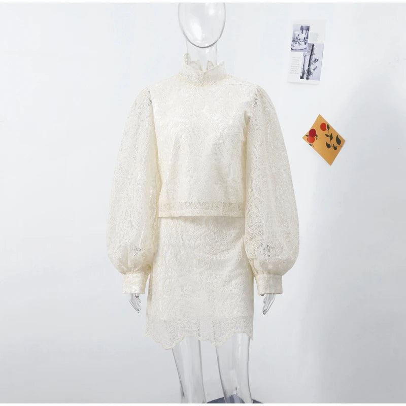 Lace Elegant Skirt Two Piece Set Women Turtleneck Hollow Out Lantern Sleeve Tops Irregular Hem Mini Skirt 2025 Chic Party Suit