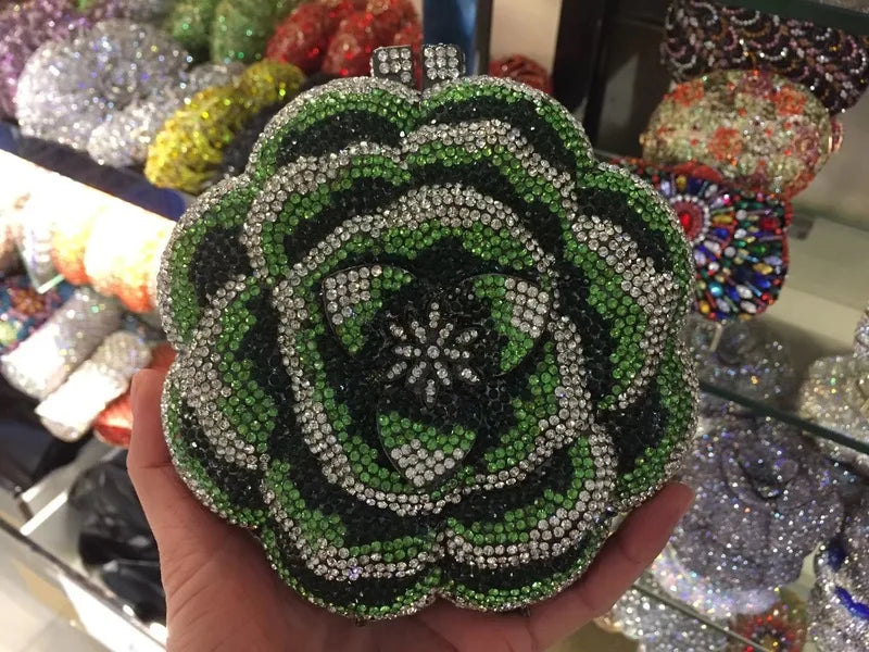 Rosa flor rosa/verde strass noite embreagens feminino floral amarelo cristal sacos de noite nupcial festa de casamento bolsa embreagem - CRAVO ROSE