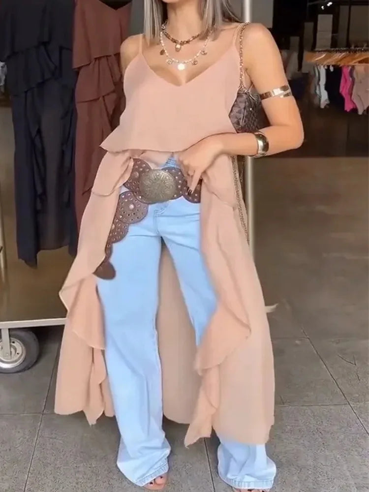 Blusa feminina longa com babados, elegante, lisa, sem mangas, casual, 2025, praia, decote em V, costas nuas, blusa feminina