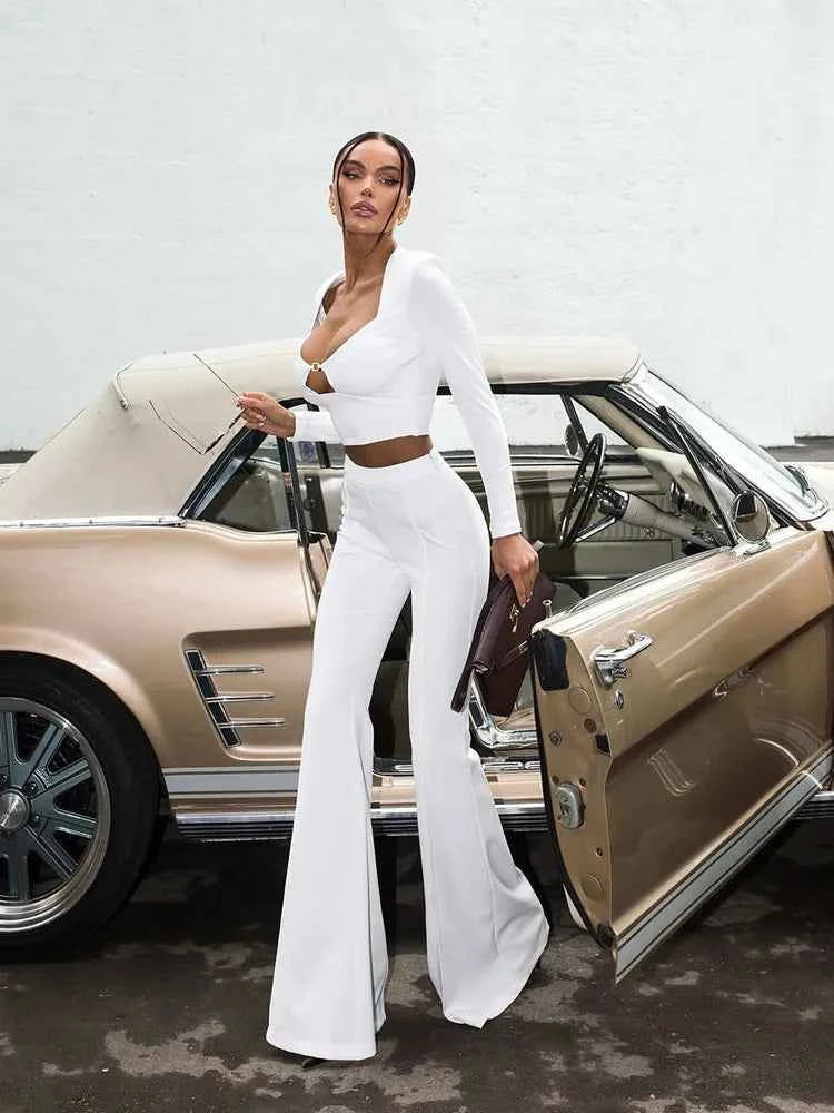 CNYISHE Long Sleeve U Neck Solid Fashion Women Sets 2-Pieces(Tops+Pants) Sheath Sexy Club Suits Fitness Casual Female Elegant