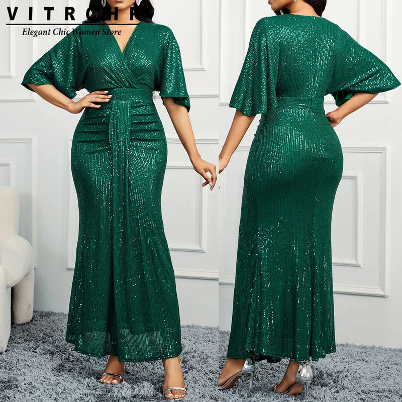 VITRCHP Batwing Sleeved Evening Dresses 2025 Mermaid Sexy V Neck Gown Prom Glitter Elegant Short Sleeves Long Party Dress