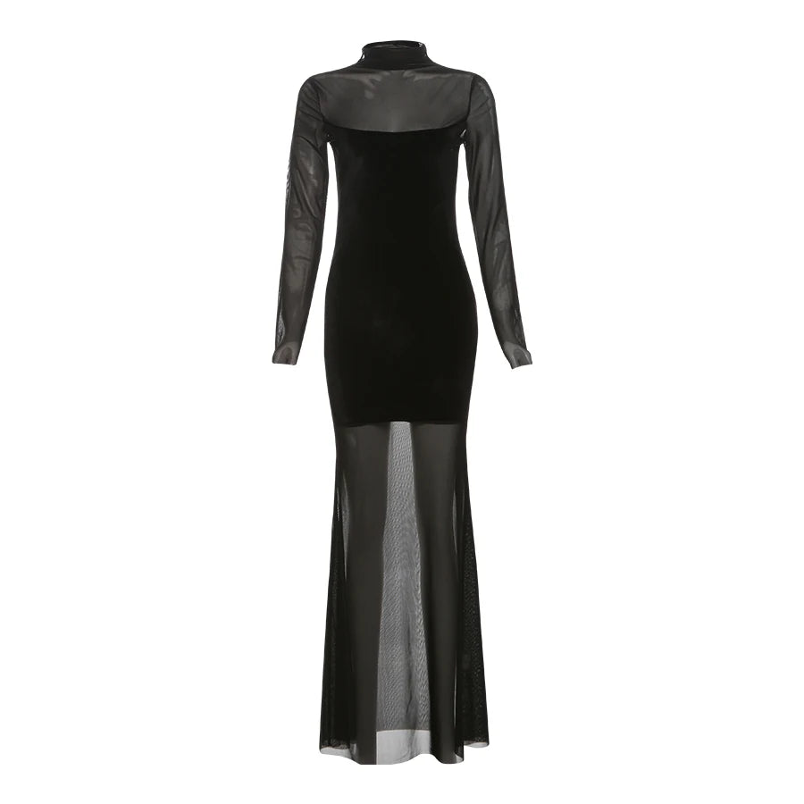 Weird Puss Patchwork Velvet Dress Women Turtleneck See Through Full Sleeve Skinny Trend Sexy Banquet Party Elegant Long Bodycon