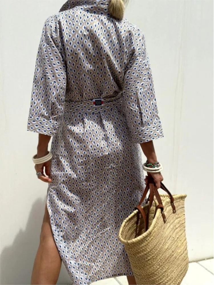Autumn Long Sleeve Shirt Dress Elegant Belt Long Dress For Women 2024 Fashion Print Button Lapel Neck Casual Dresses Robe Femme