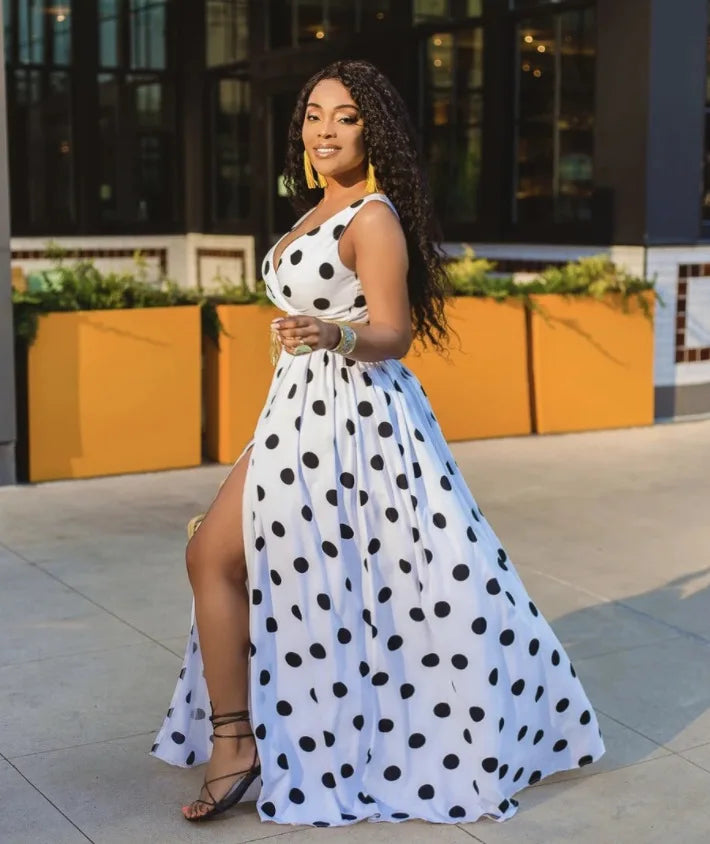 Sexy Deep V Neck Polka Dot Long Dress For Women Summer Boho Sleeveless Slim Print Side Slit Party Maxi Dresses Robe Femme