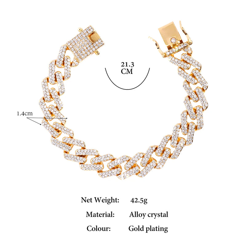 Fashion Bling Paved Rhinestone Prong Cuban Chain Bracelet for Women Men Hip Hop Iced Out Chunky Link Chain Bracelets New Jewelry