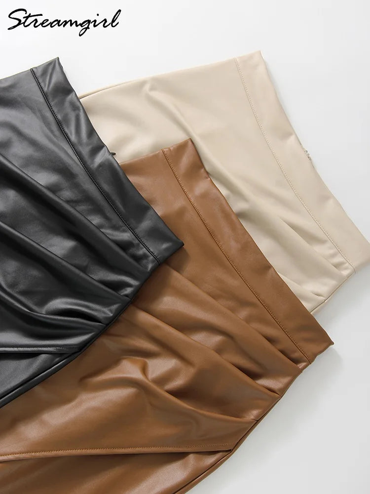 Women Midi Leather Skirt Sexy Split High Waist Zipper PU Front Slit Skirts Ladies Black Faux Leather Folded Skirt For Women