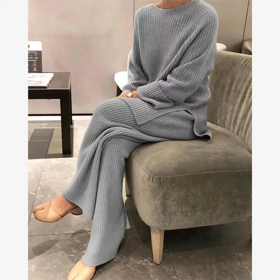 Casual Women's Knitted Sweater Two-Piece Set Cross-Border Fashion Spring Long Sleeve Pants Long Pants Suitable for 18-25 Year...