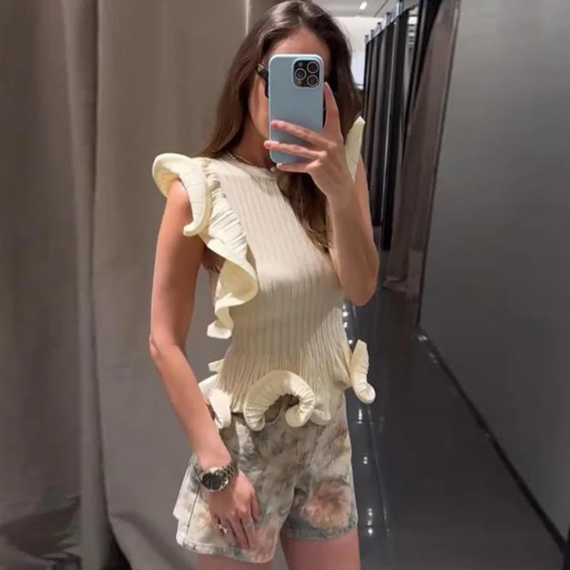 Solid Ruffle Mini Dress U Neck Long Puff Sleeve Tie Neck Tiered Hem Sweet Style Gown Soft Pastel Tones Fashion Chic Women Outfit