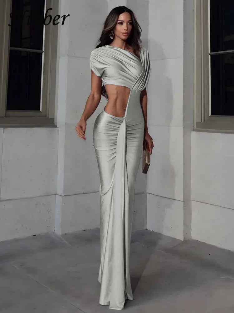 Nibber Irregular Hollow Dress Women Ruched Diagonal Collar Shorts Sleeve Waistless Slits Street Trend Temperament Long Bodycon