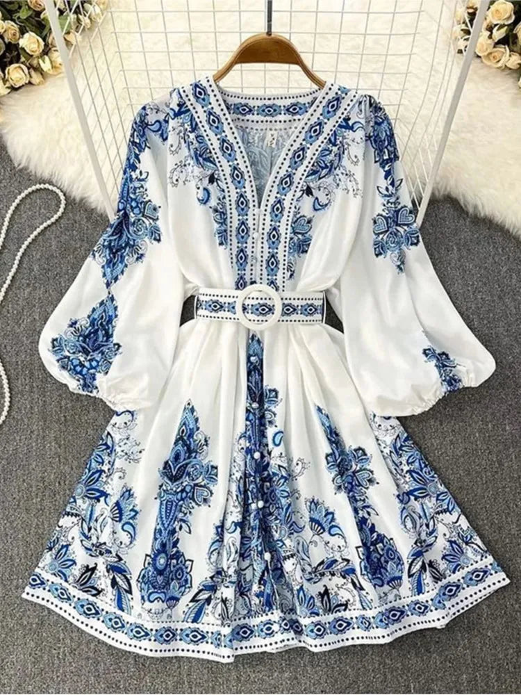 Vestido feminino elegante  manga lanterna, decote em V, estampa boho, vestido vintage, cinto solto, vestidos de festa