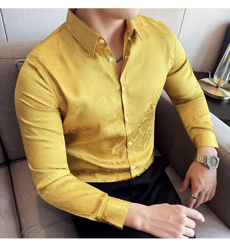 Men's Social Shirt New Rose Printed Long Sleeve Shirt Luxury Fashion Business Slim Fit Formal Shirt Men's Clothing 4XL-M