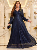 TOLEEN 2024 New Womens Luxury Elegant Formal Long Maxi Dresses Plus Size V-Neck Lantern Sleeve Sequin Party Evening Prom Dress