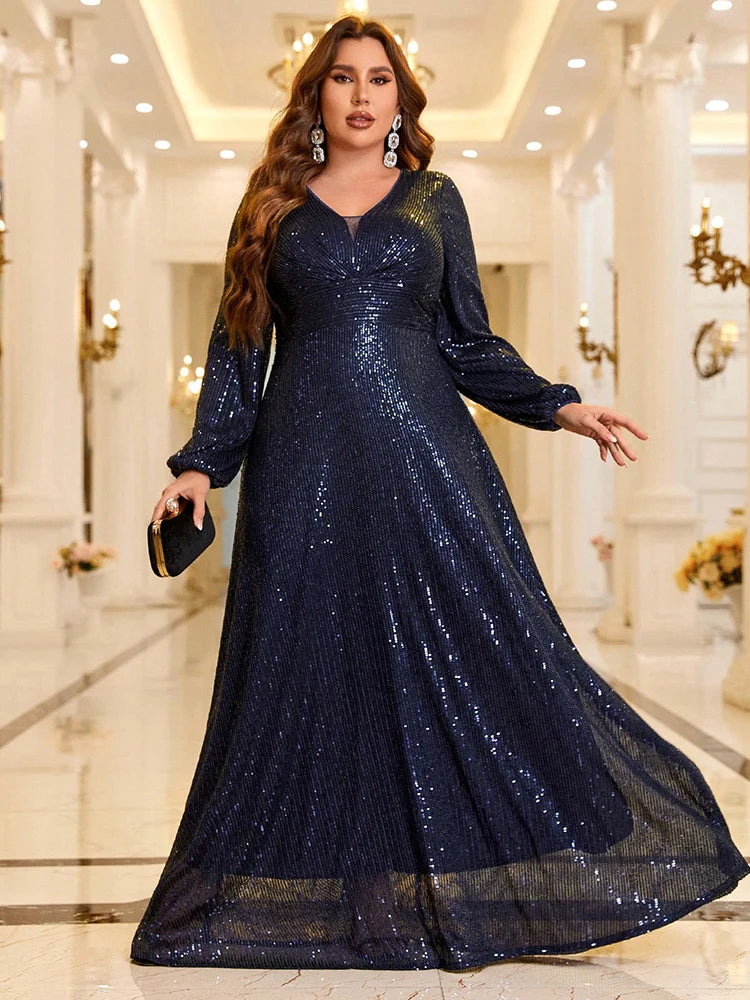 TOLEEN 2024 New Womens Luxury Elegant Formal Long Maxi Dresses Plus Size V-Neck Lantern Sleeve Sequin Party Evening Prom Dress
