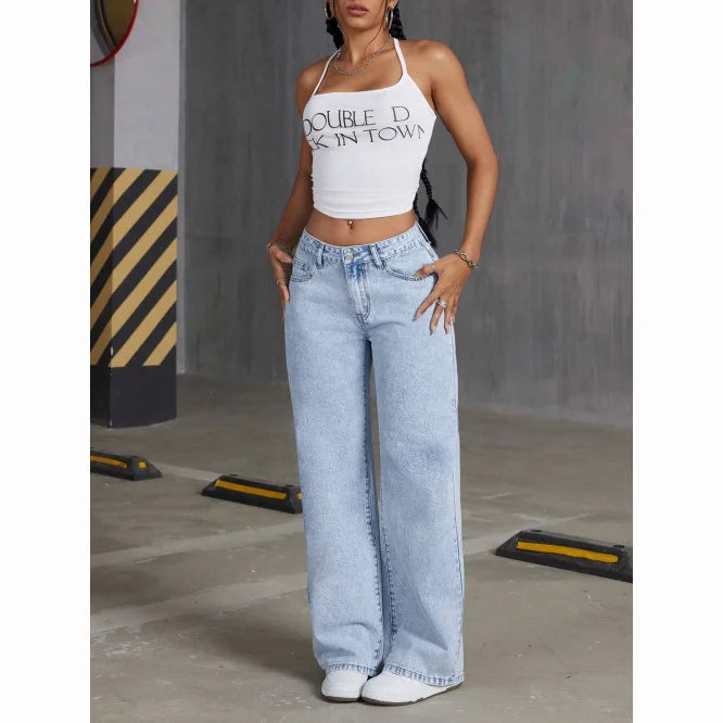Trendy Cross-Border Hot Selling Women's Sweet-and-Spicy Style High-Waist Loose Casual Straight Leg Jeans Cotton Gauze