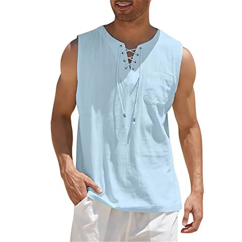 Camisas de linho de verão masculinas, colete casual sem mangas, blusa com cadarço, gola V retrô, camisa solta da moda, camiseta masculina de cor sólida