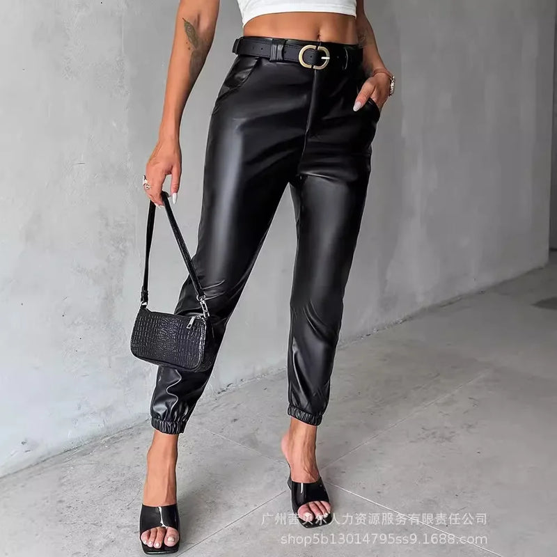 Calça Mandylandy Preta com Amarração no Tornozelo em PU para Mulheres Verão Calça Lápis de Couro Cintura Média Streetwear Preta Casual Bolsos Calça de PU