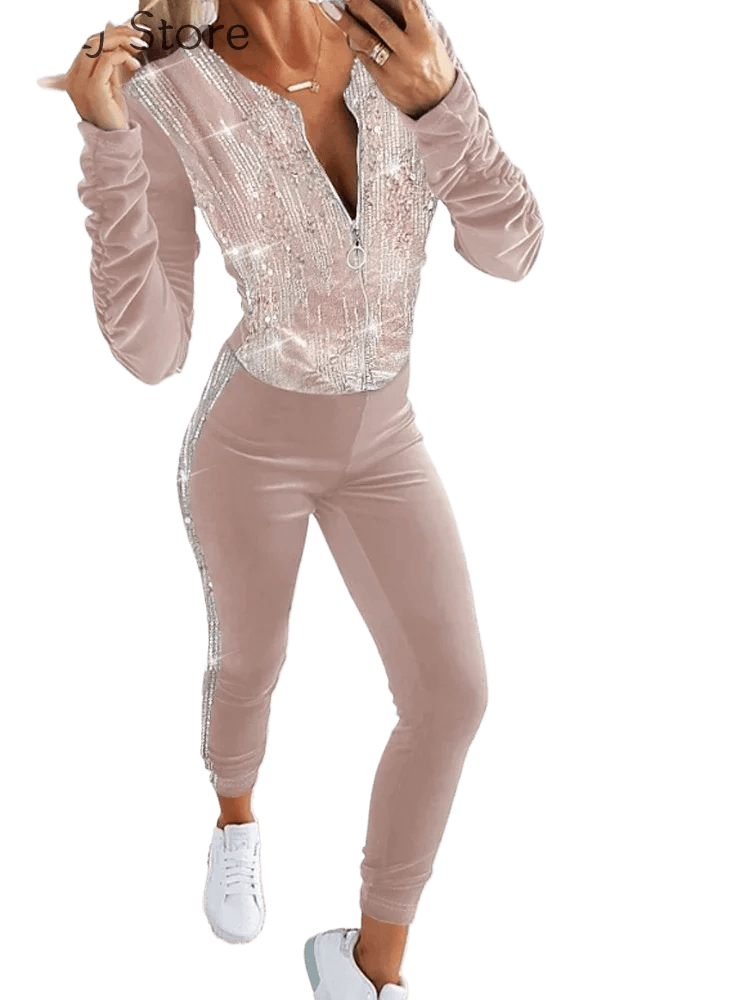 Women 2pcs Set Velvet Sequin Zipper Design Coat and Pants Set - CRAVO ROSE