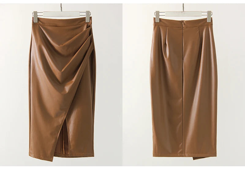 Women Midi Leather Skirt Sexy Split High Waist Zipper PU Front Slit Skirts Ladies Black Faux Leather Folded Skirt For Women