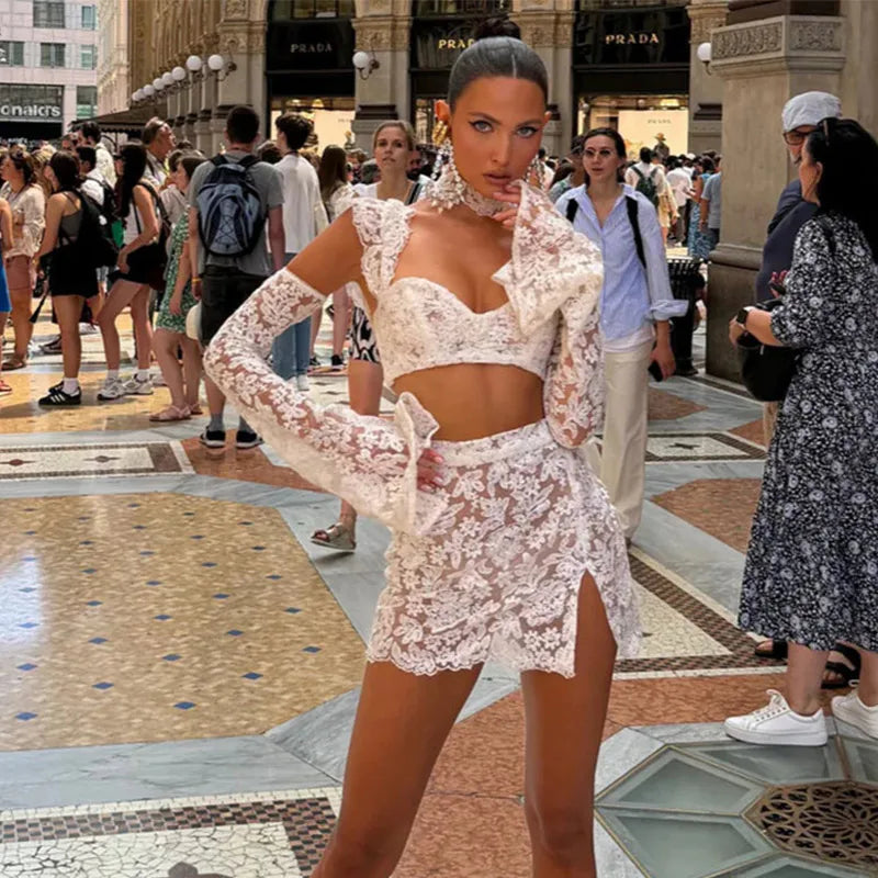 Lace Mini Skirt Set Women Hollow Out Cold Shoulder Crop Top Side Split Skirts Suit Female Summer Holiday Sexy Sets Lady Beach