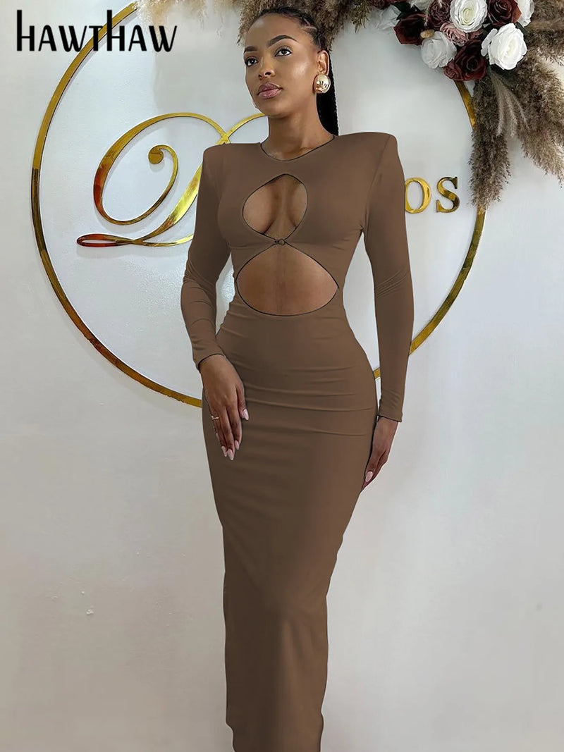 Hawthaw Women 2024 Spring Autumn Sexy Long Sleeve Party Club Hollow Out Bodycon White Long Dress Wholesale Items For Business