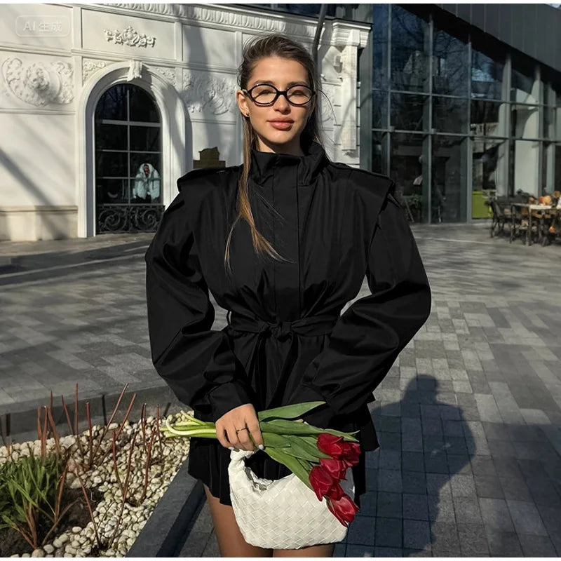 Fashion Stand Collar Belted Waist Short Jacket For Women Casual Puff Sleeve Wide Shoulder Coat Lady 2026 Chic Street Outerwear